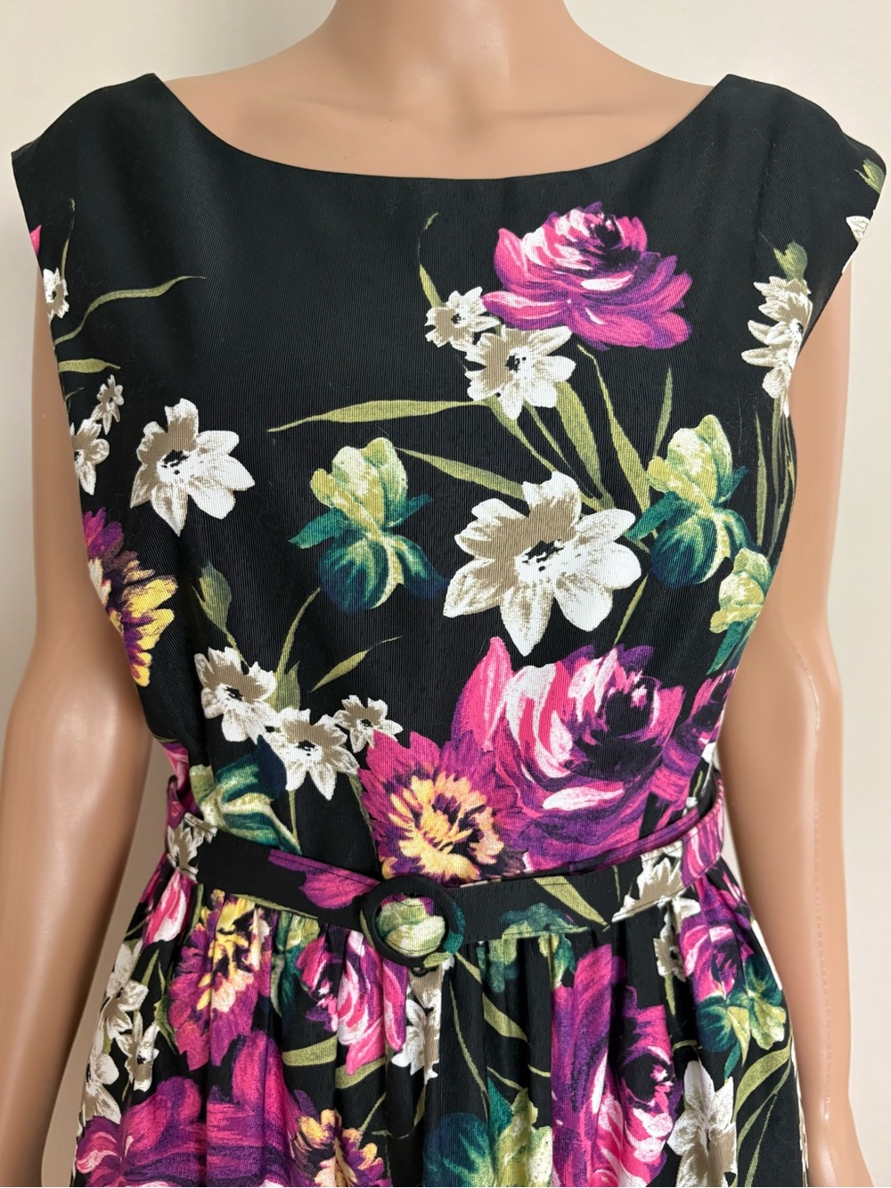 ELIZA J Black Floral SWING A-Line SLEEVELESS Belted DRESS  12 - Picture 4 of 7